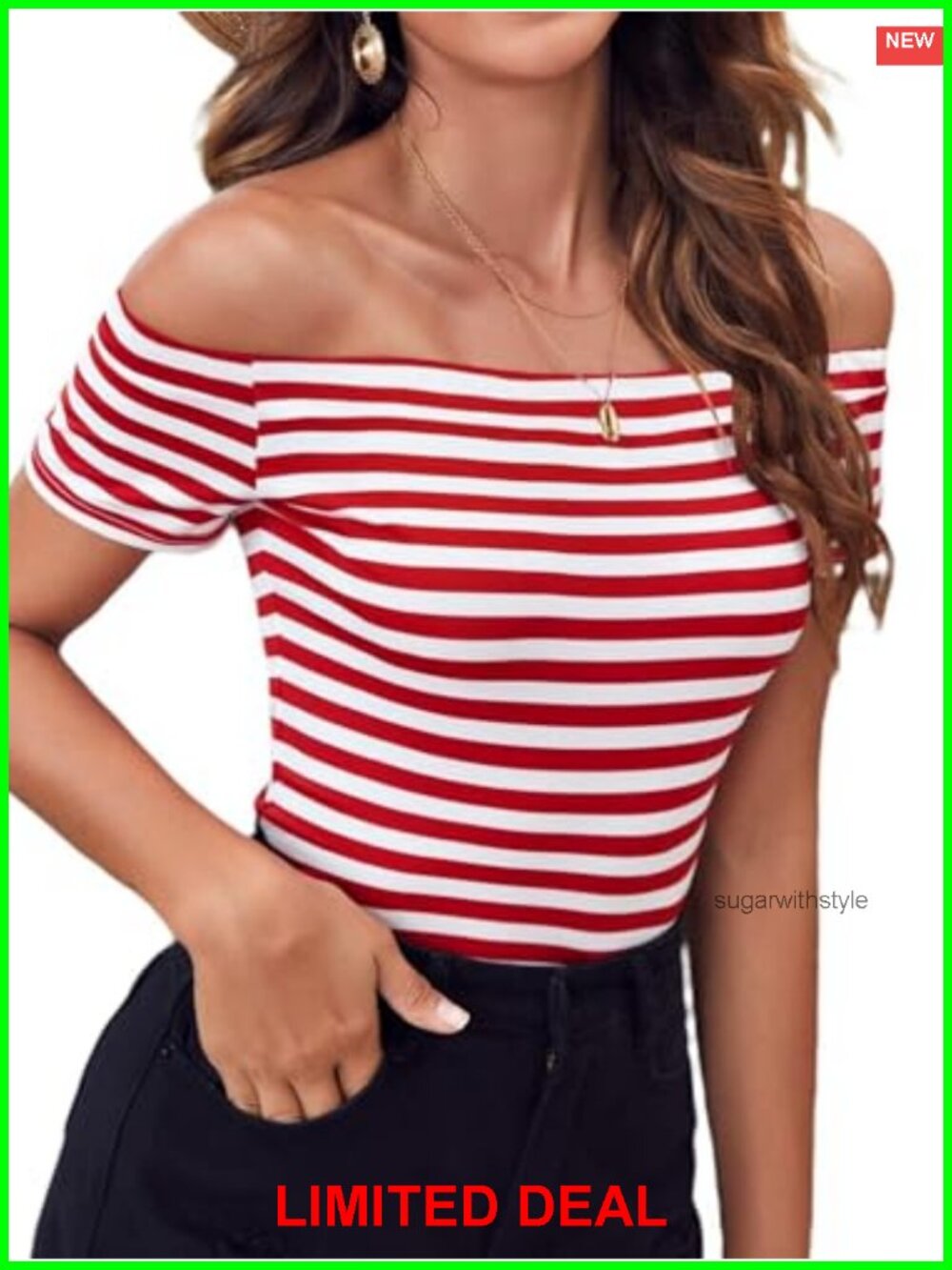 Off Shoulder Striped Top Womens Sexy Slim Fit Short Sleeve Blouse